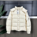 Off-white long puffer jacket with stand collar and front zip