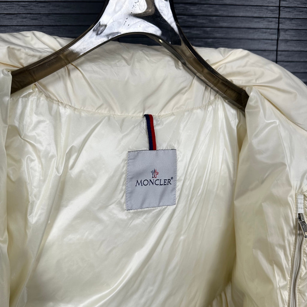 Off-white puffer jacket back with brand label at interior neckline