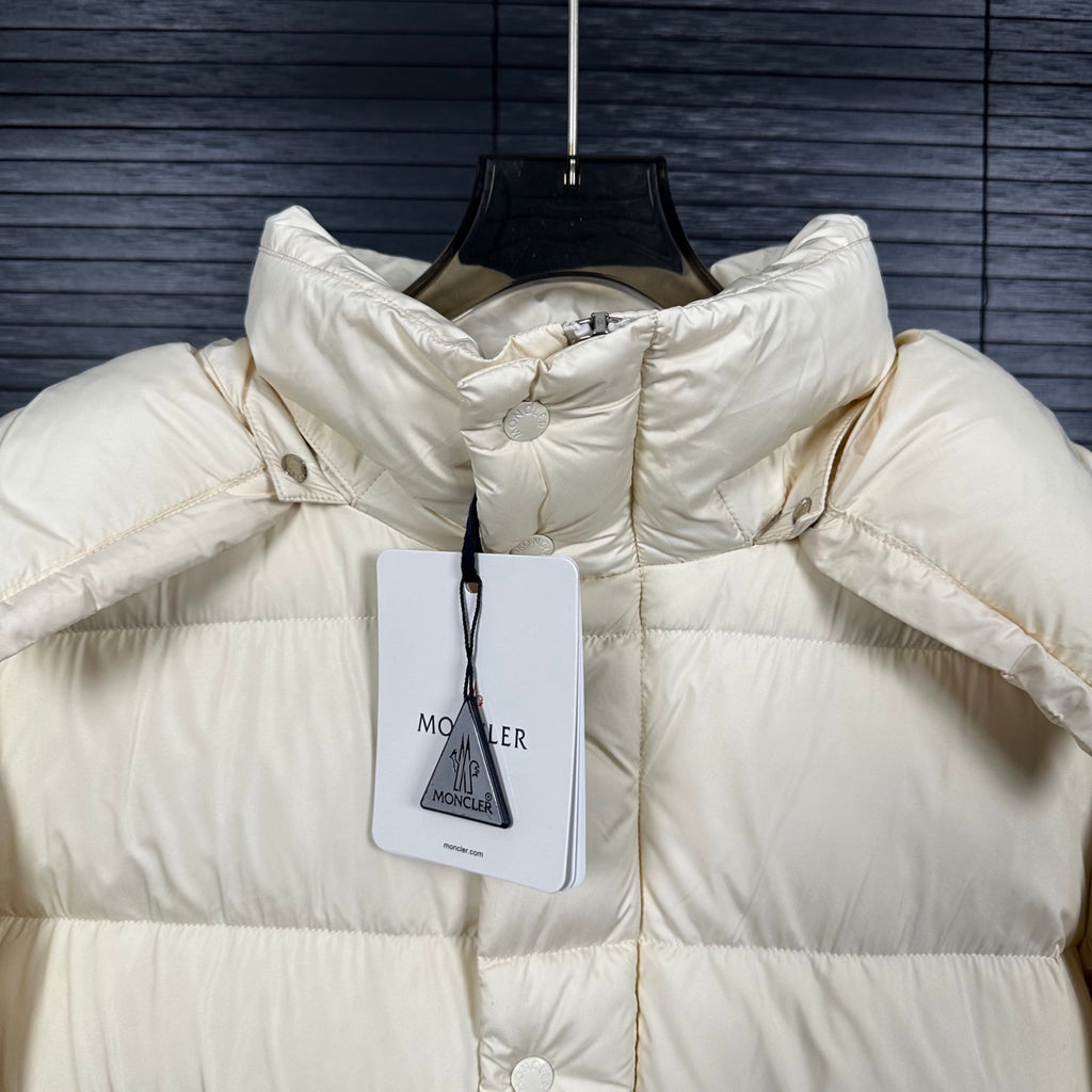 Off-white long puffer jacket with high collar and central zipper