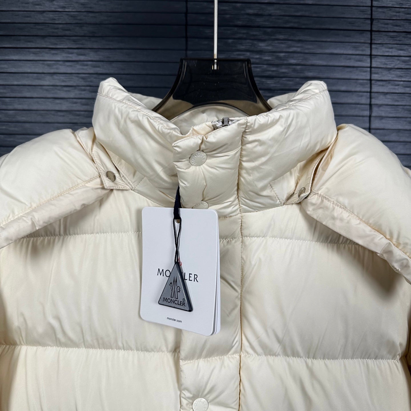 Off-white long puffer jacket with high collar and central zipper