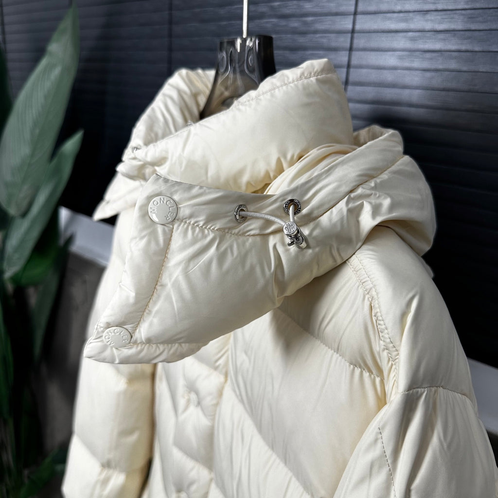 Off-white long puffer jacket with hood and drawstring at collar