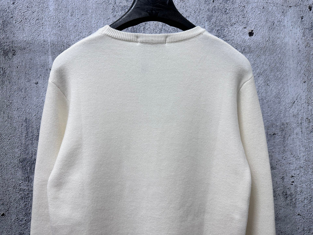 Louis Vuitton crewneck sweater, white knit back view with crew neck ribbing