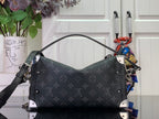 Dark monogram shoulder bag with chain strap and silver-tone metal corner plates
