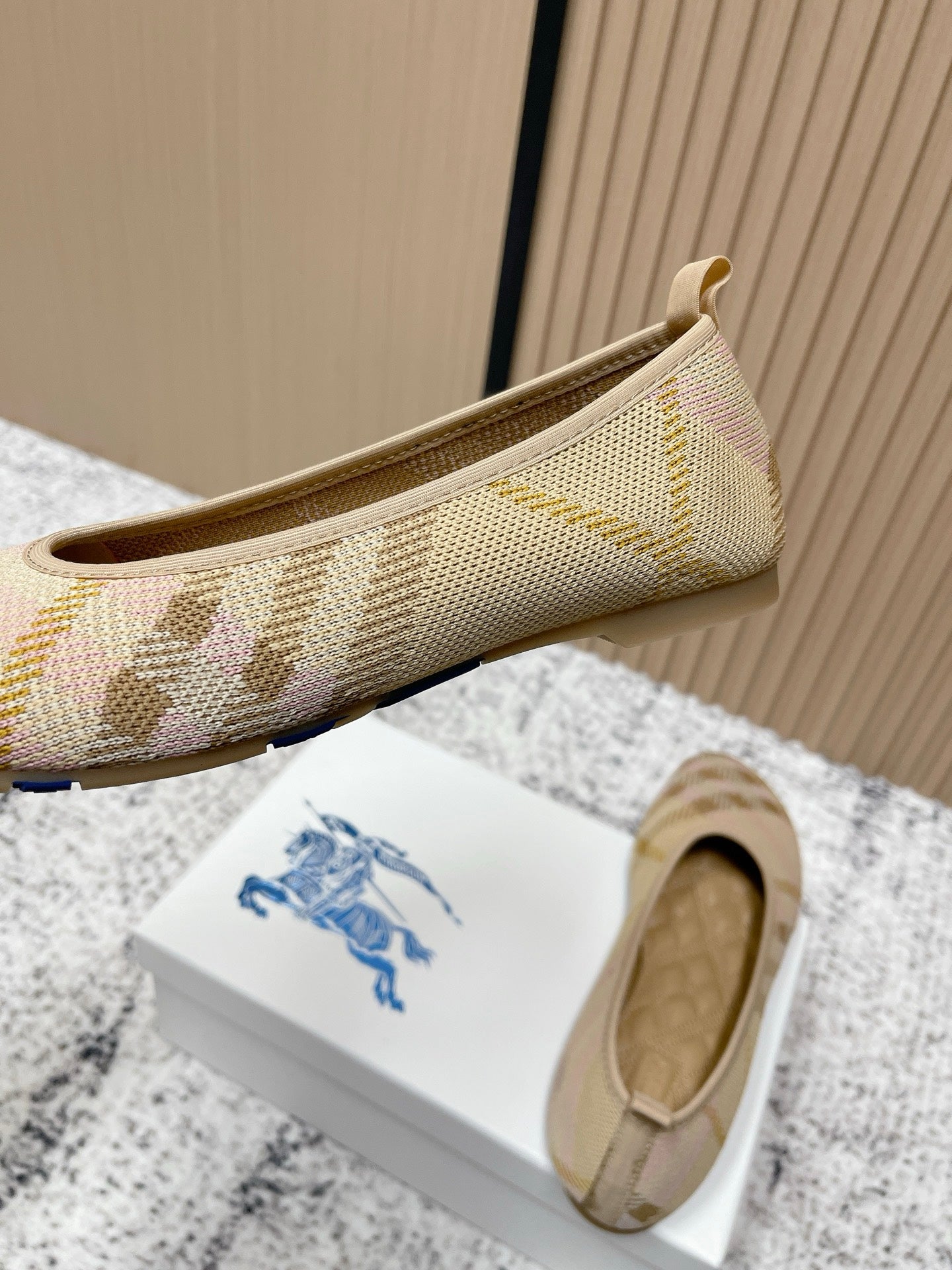 Burberry check-pattern slip-on flats, heel and side view with rounded toe