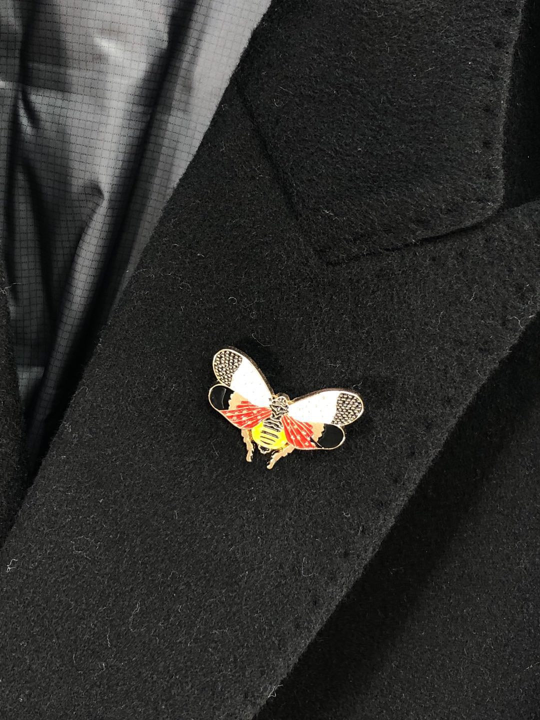 Black coat with colorful butterfly bird pin applique at chest