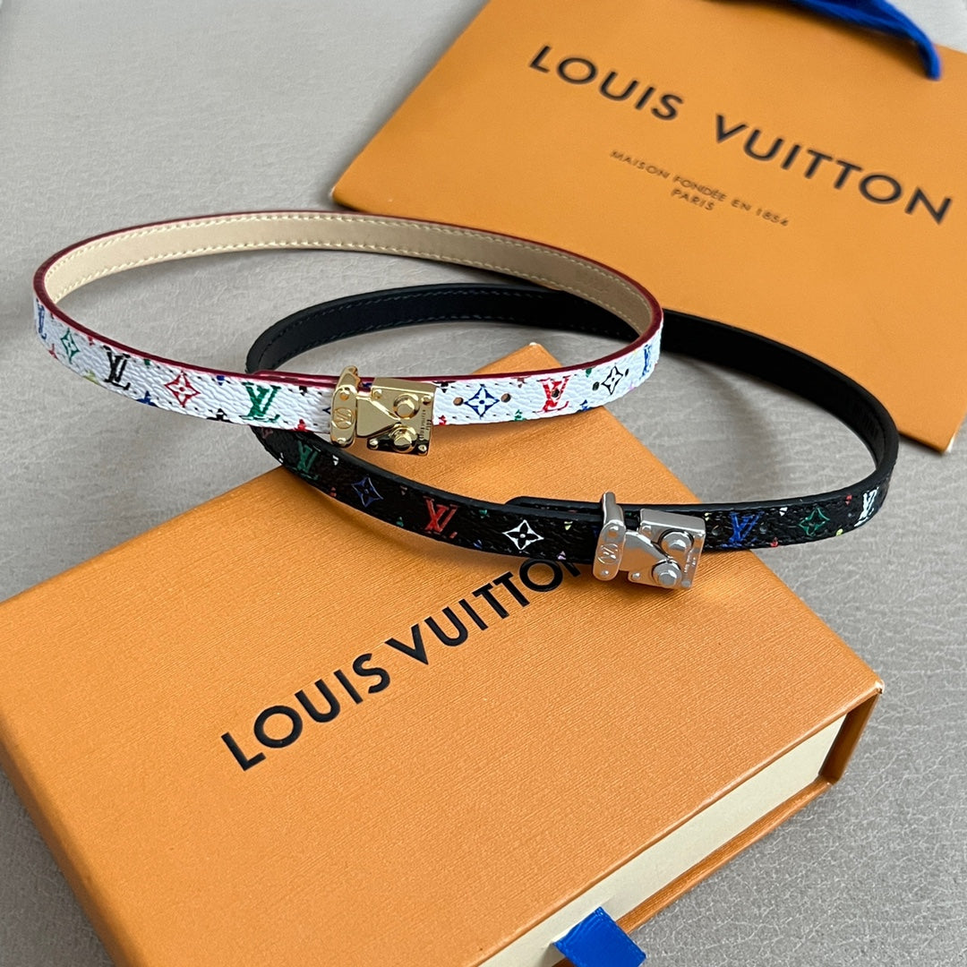 Louis Vuitton bracelet with multicolor monogram print and gold square clasp, light trim.