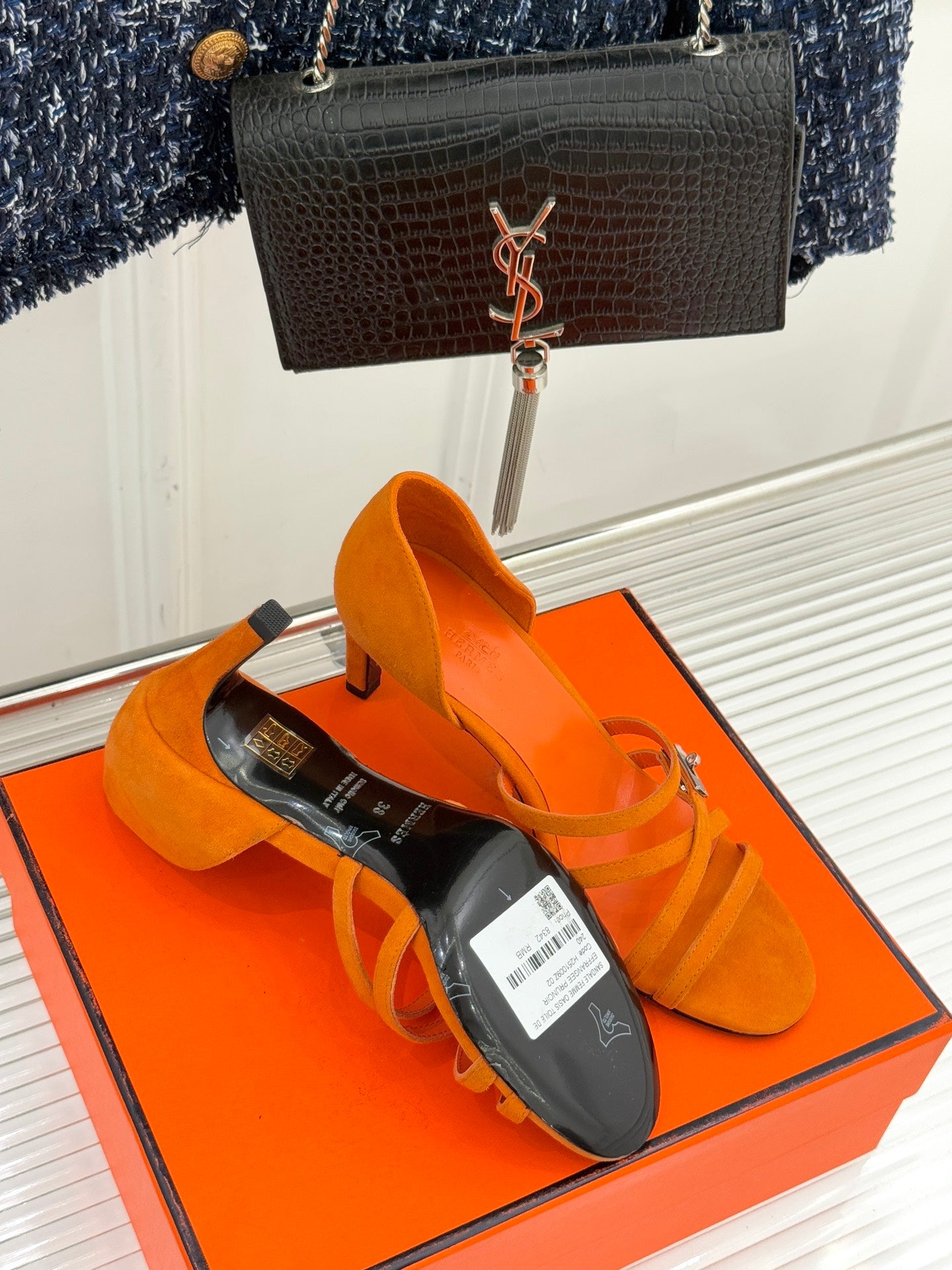 Hermes orange suede heeled sandals with dust bag on orange box