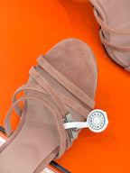 Ladies suede heeled sandals, blush pink, ankle strap with silver buckle and tag