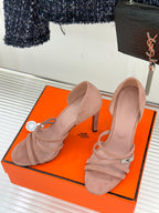 Ladies suede heeled sandals, blush pink, t-strap detailing and thin heel