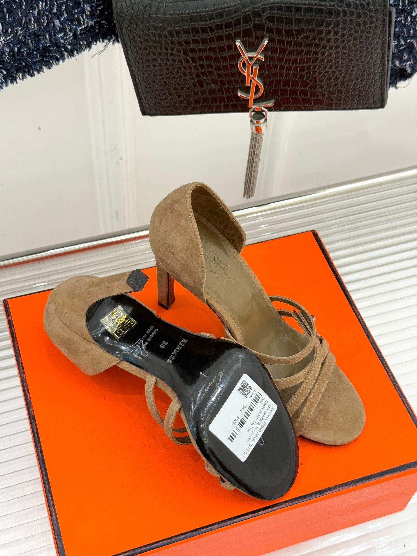 Hermes tan suede heeled sandals with ankle strap; pair shown with original packaging