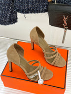 Hermes suede heeled sandals in tan with ankle strap and open toe, stiletto heel