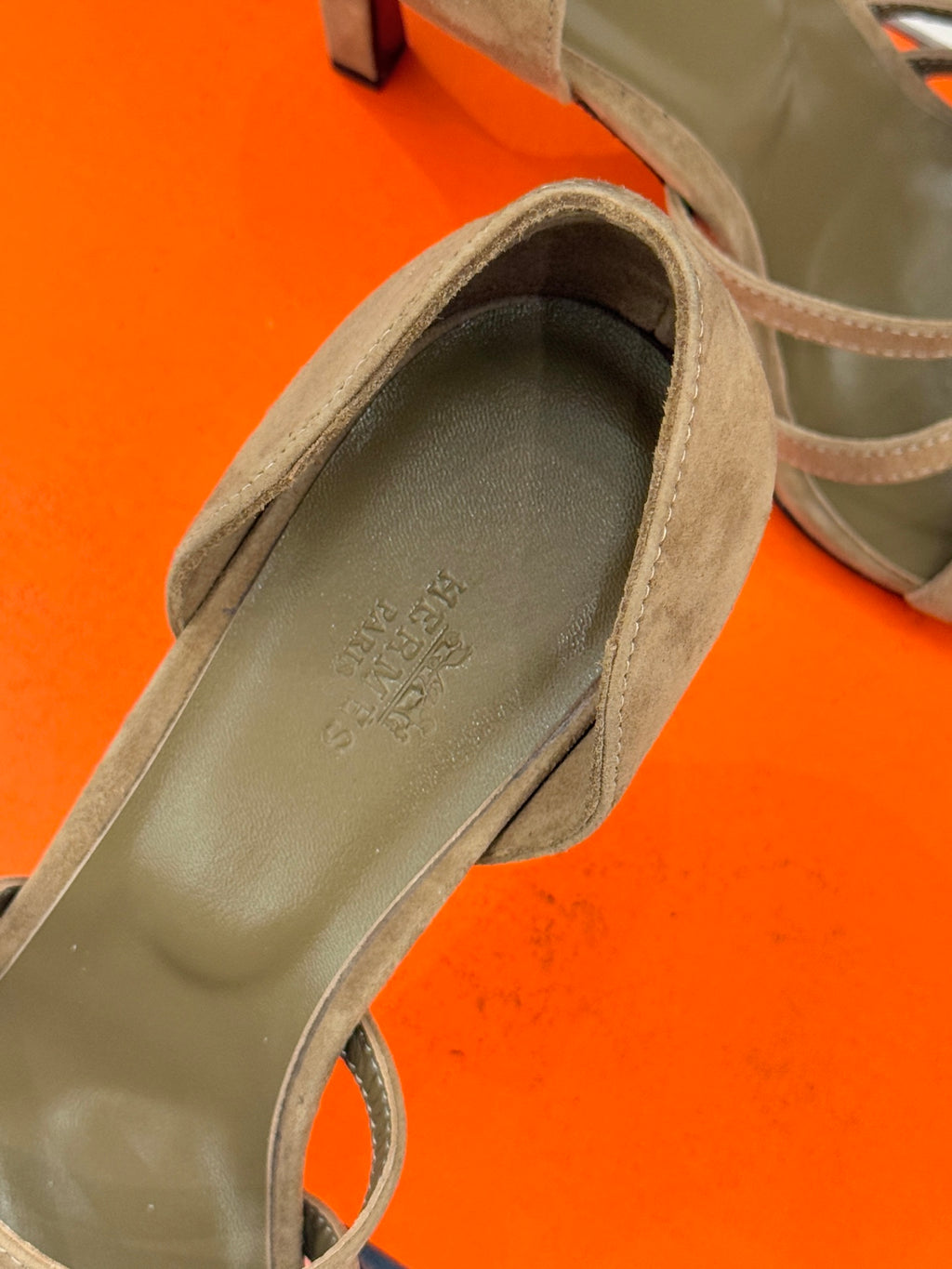 Hermes tan suede open-toe heeled sandal with cushioned insole and slingback strap