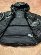 Long hooded puffer jacket interior with size and care labels