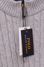 Light gray knit sweater showing Polo Ralph Lauren label on zipper placket
