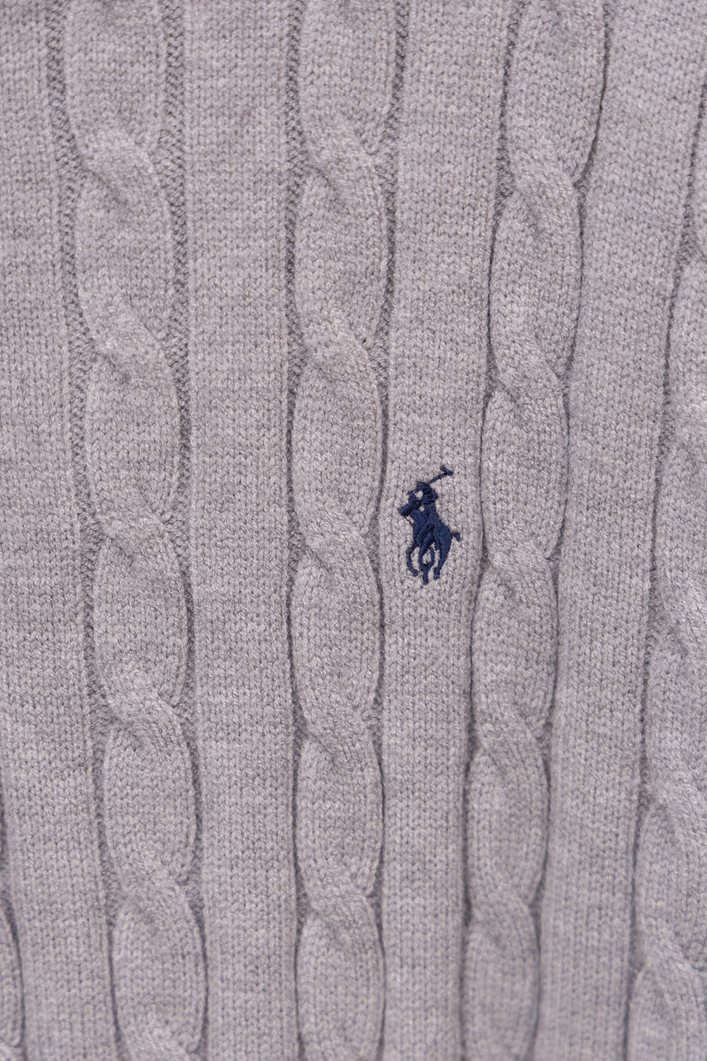 Light gray cable-knit sweater with small embroidered polo player logo