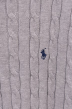Light gray cable-knit sweater with small embroidered polo player logo