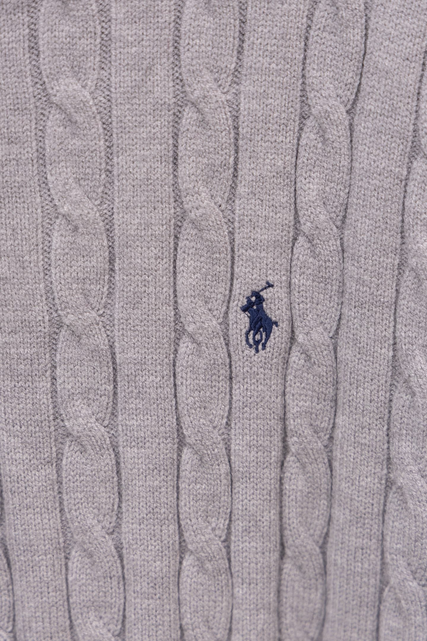 Light gray cable-knit sweater with small embroidered polo player logo