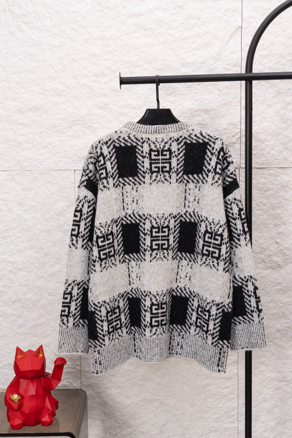 Givenchy knit sweater in black and white with geometric motifs, crew neck, long sleeves