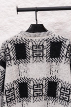 Givenchy knit sweater back with black and white geometric motifs, crew neck, long sleeves