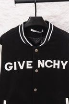Givenchy black varsity jacket front close-up with GIVE NCHY print and snap placket