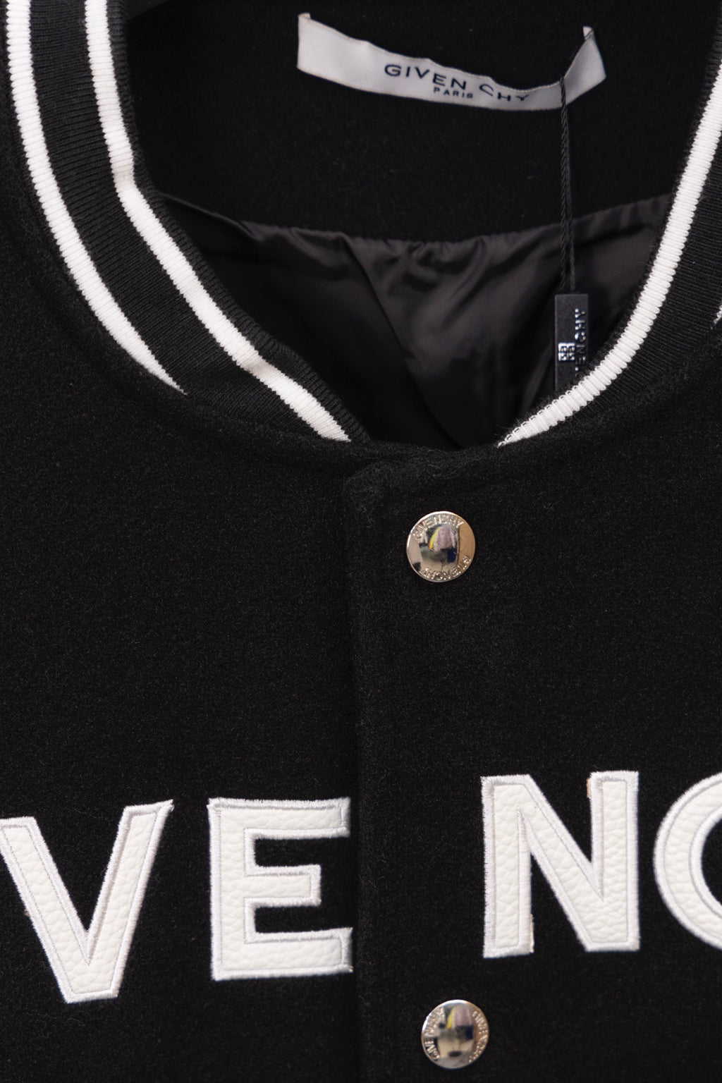 Givenchy black varsity jacket collar with striped trim and logo neckline