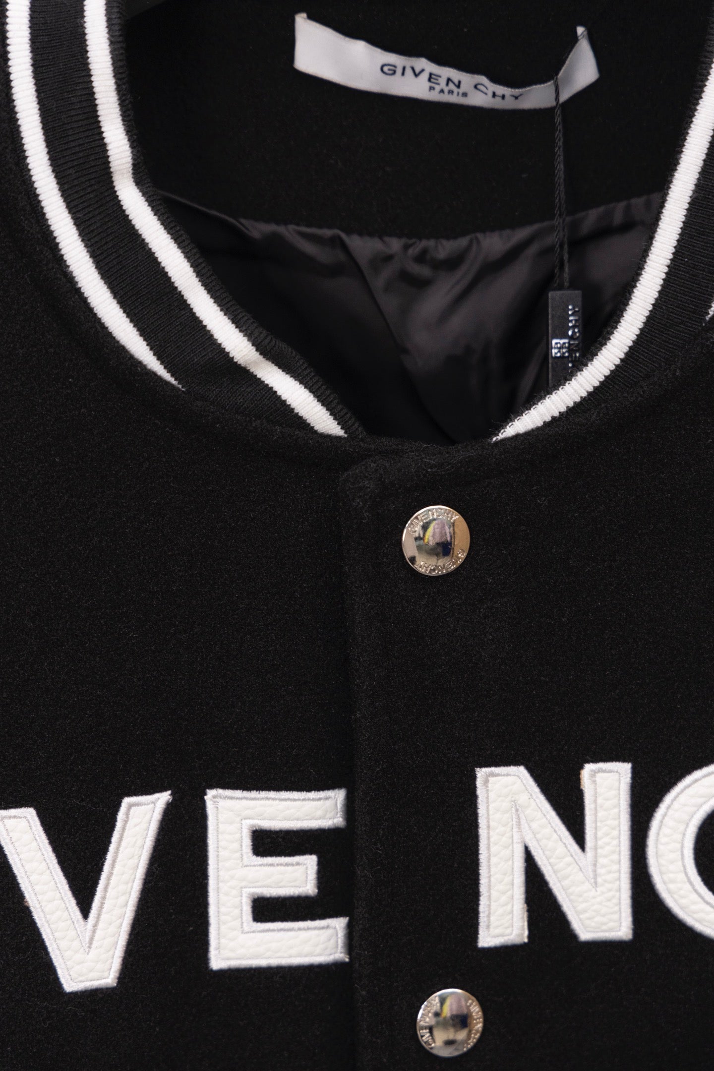 Givenchy black varsity jacket collar with striped trim and logo neckline