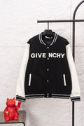 Givenchy black varsity jacket, GIVE NCHY print, snap buttons, white striped trim