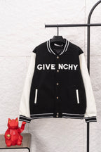 Givenchy black varsity jacket, GIVE NCHY print, snap buttons, white striped trim