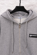 Burberry long zip-up hoodie heather gray with hood, front zipper, and drawcords