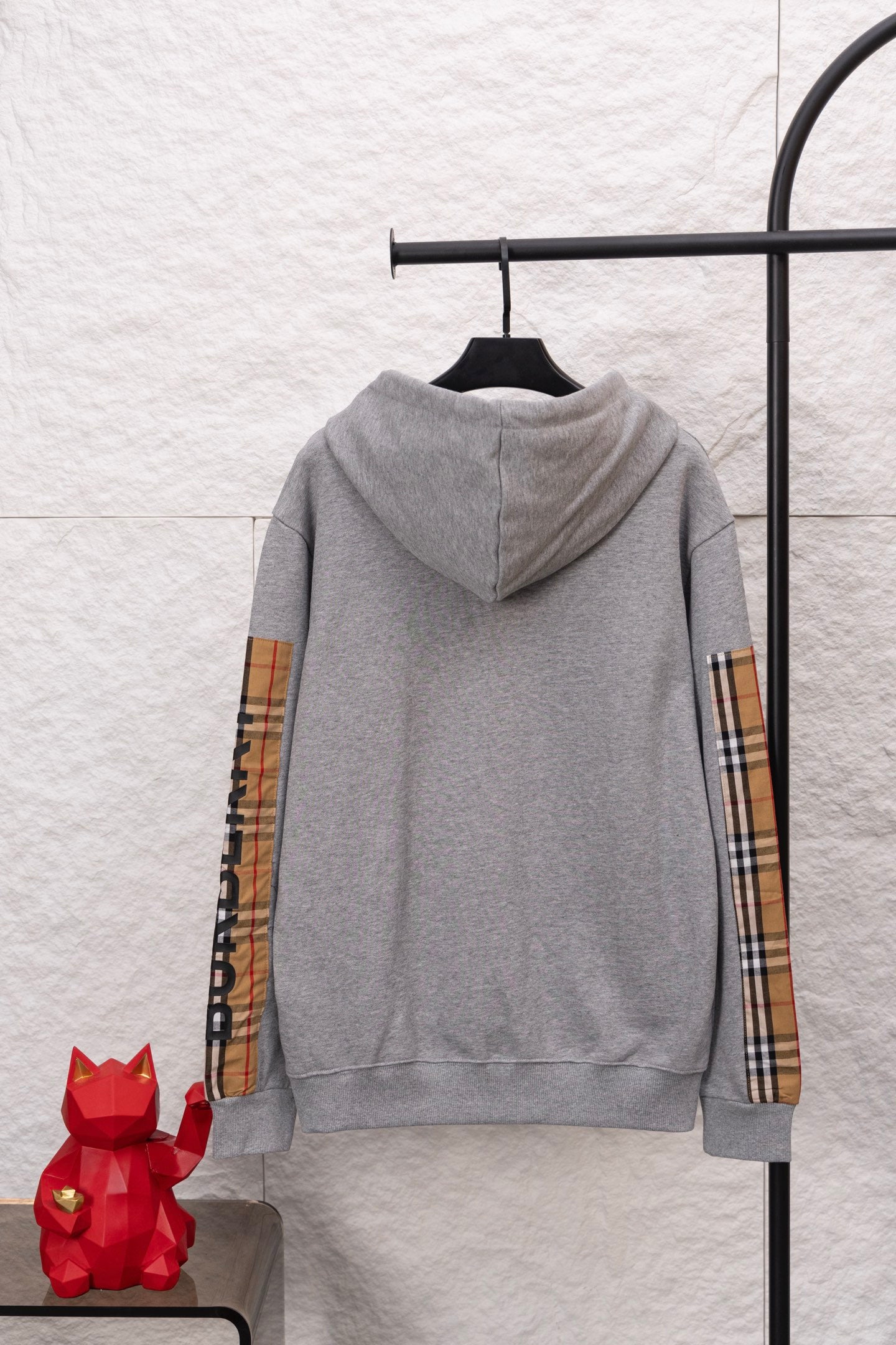 Burberry long zip-up hoodie heather gray with hood and plaid sleeve panels, back view