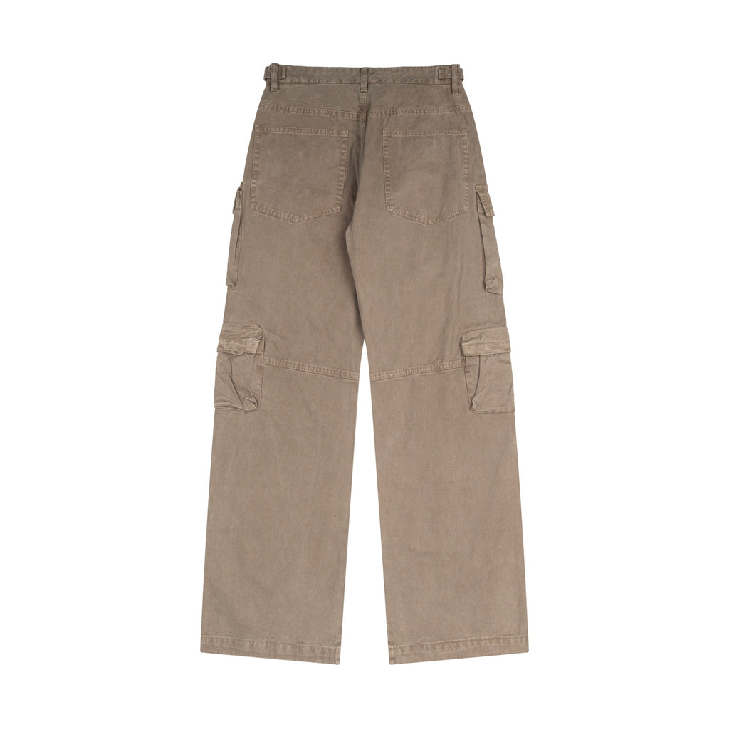 Tan cargo pants with cargo pockets and belt loops, laid flat back view