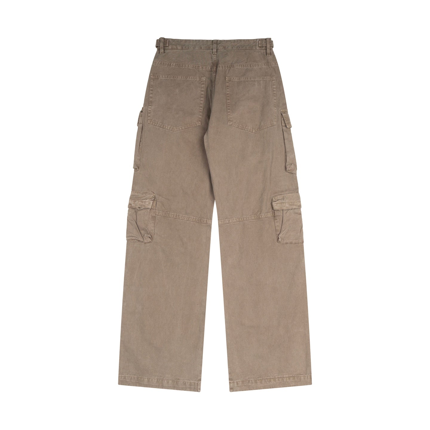 Tan cargo pants with cargo pockets and belt loops, laid flat back view