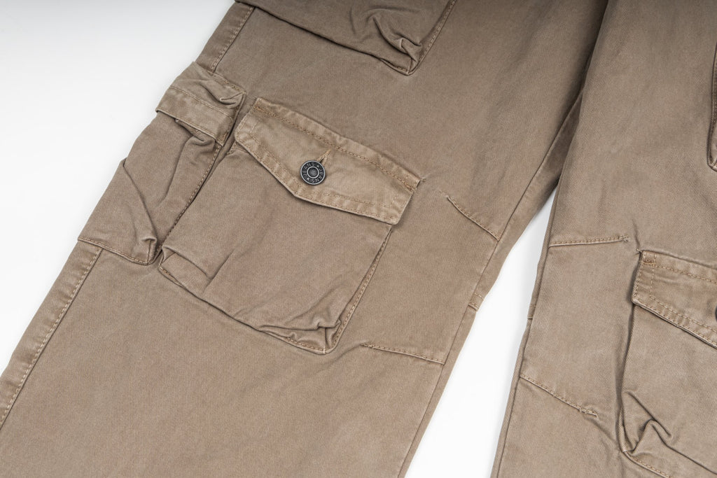 Tan cargo pants back view close-up with circular button patch pocket