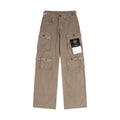 Stone Island tan cargo pants with belt loops, button fly, and multiple flap pockets