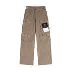 Stone Island tan cargo pants with belt loops, button fly, and multiple flap pockets