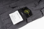 Stone Island cargo pants label and patch on dark gray fabric