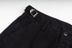 Black cargo trousers with metal buckle detail at waistband