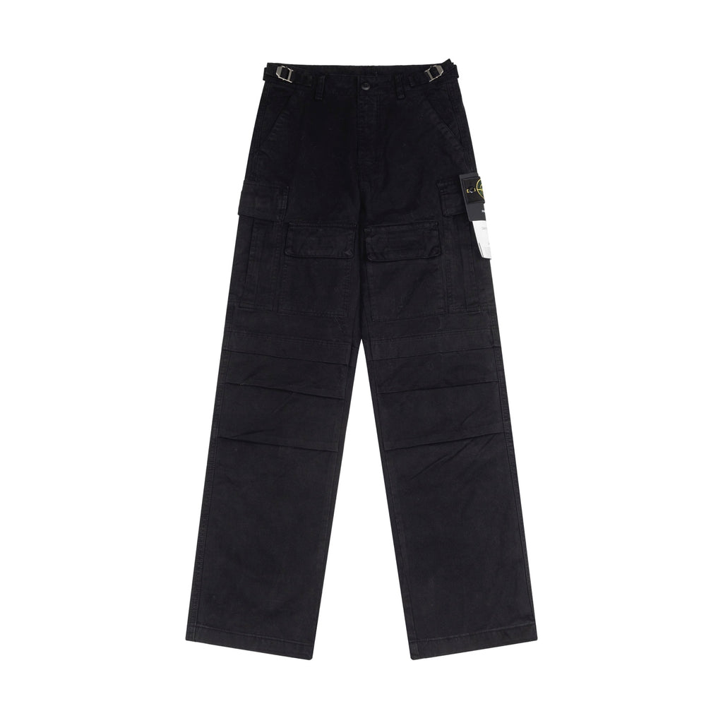 Black cargo trousers with cargo pockets and button waist