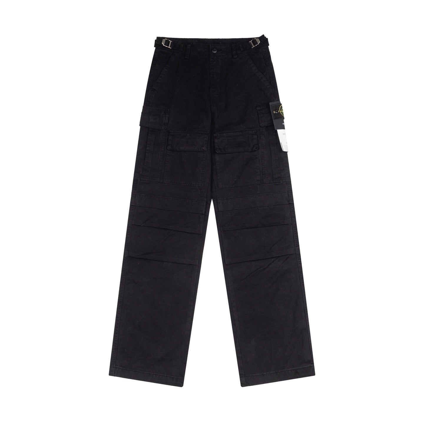 Black cargo trousers with cargo pockets and button waist
