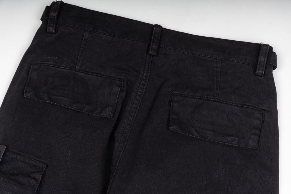Black cargo trousers with front patch pockets and straight leg