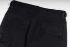 Black cargo trousers with front patch pockets and straight leg