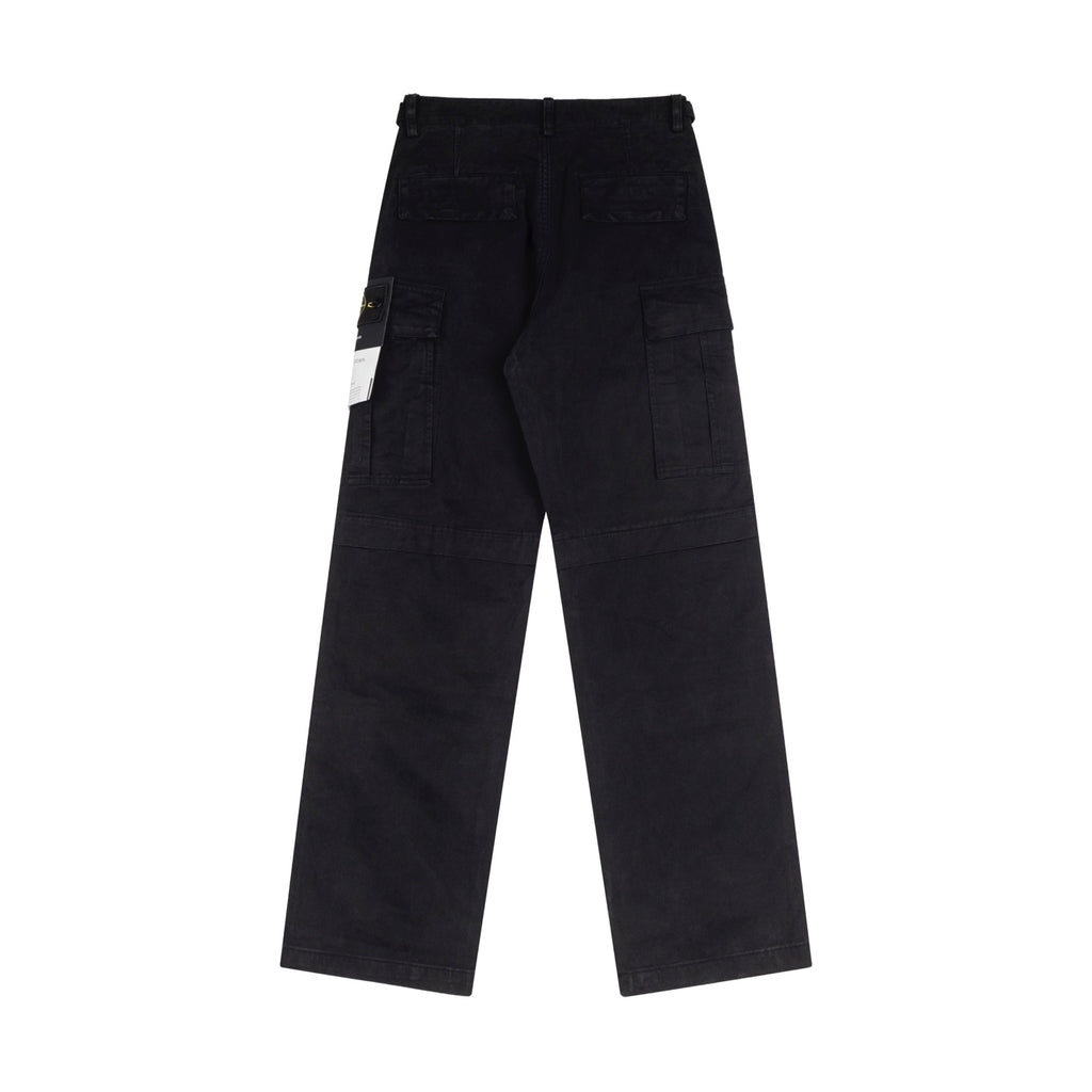 Black utility cargo trousers with patch pockets at the sides