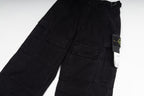 Black cargo trousers with flap pockets and side tag