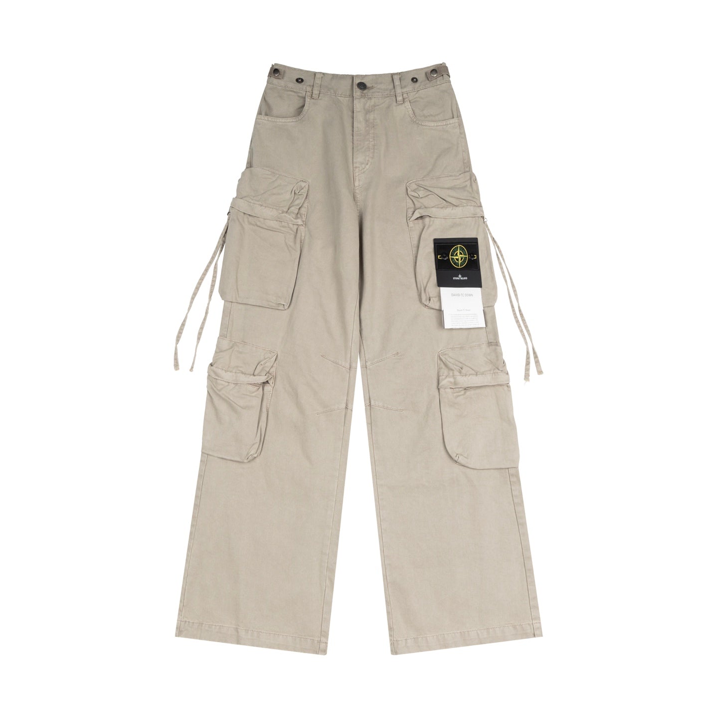 Stone Island cargo pants in sand with side cargo pockets and drawstring ties