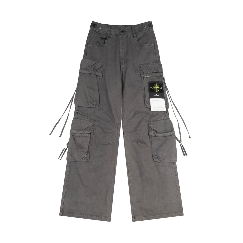 Stone Island cargo pants in charcoal with side cargo pockets and drawstring ties