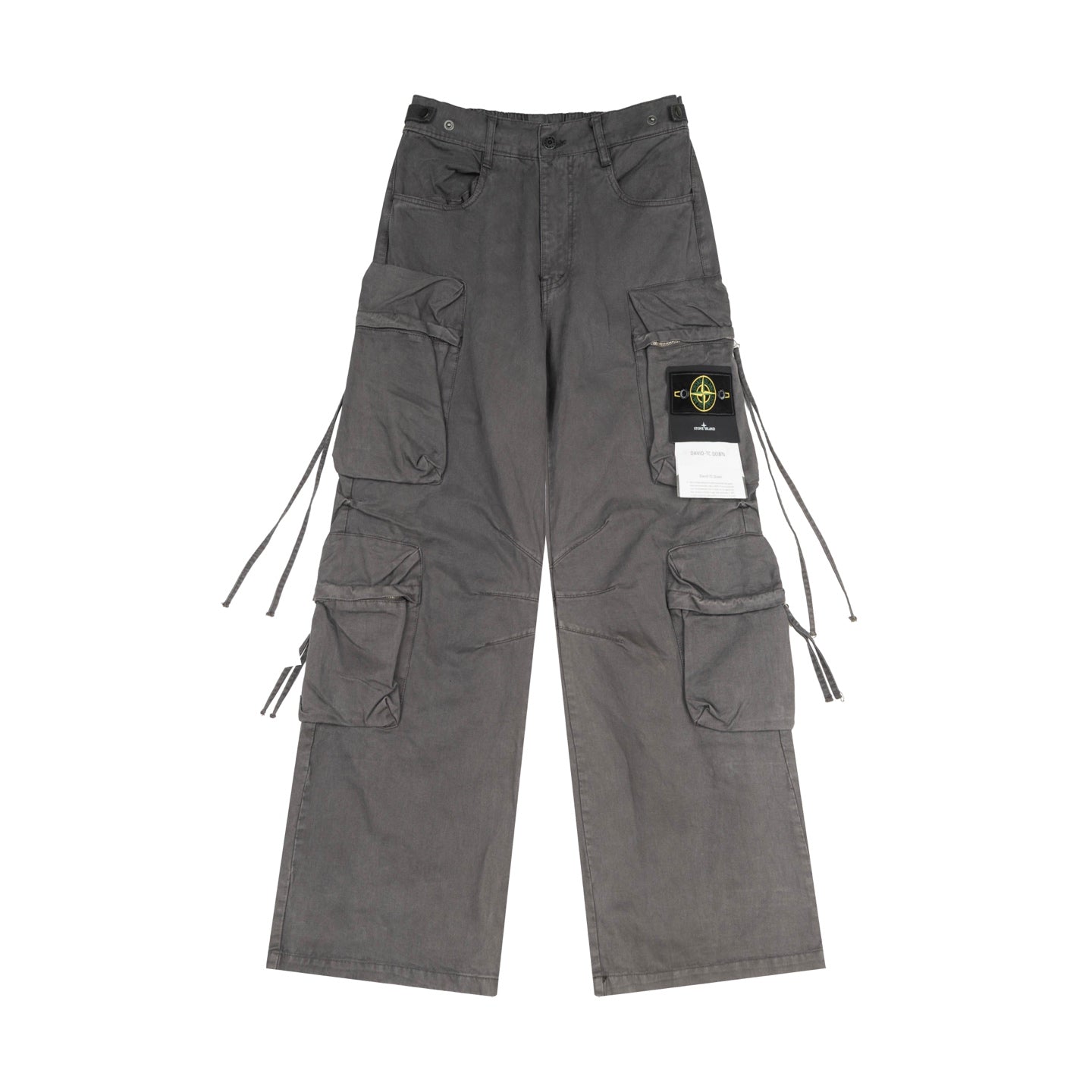 Stone Island cargo pants in charcoal with side cargo pockets and drawstring ties