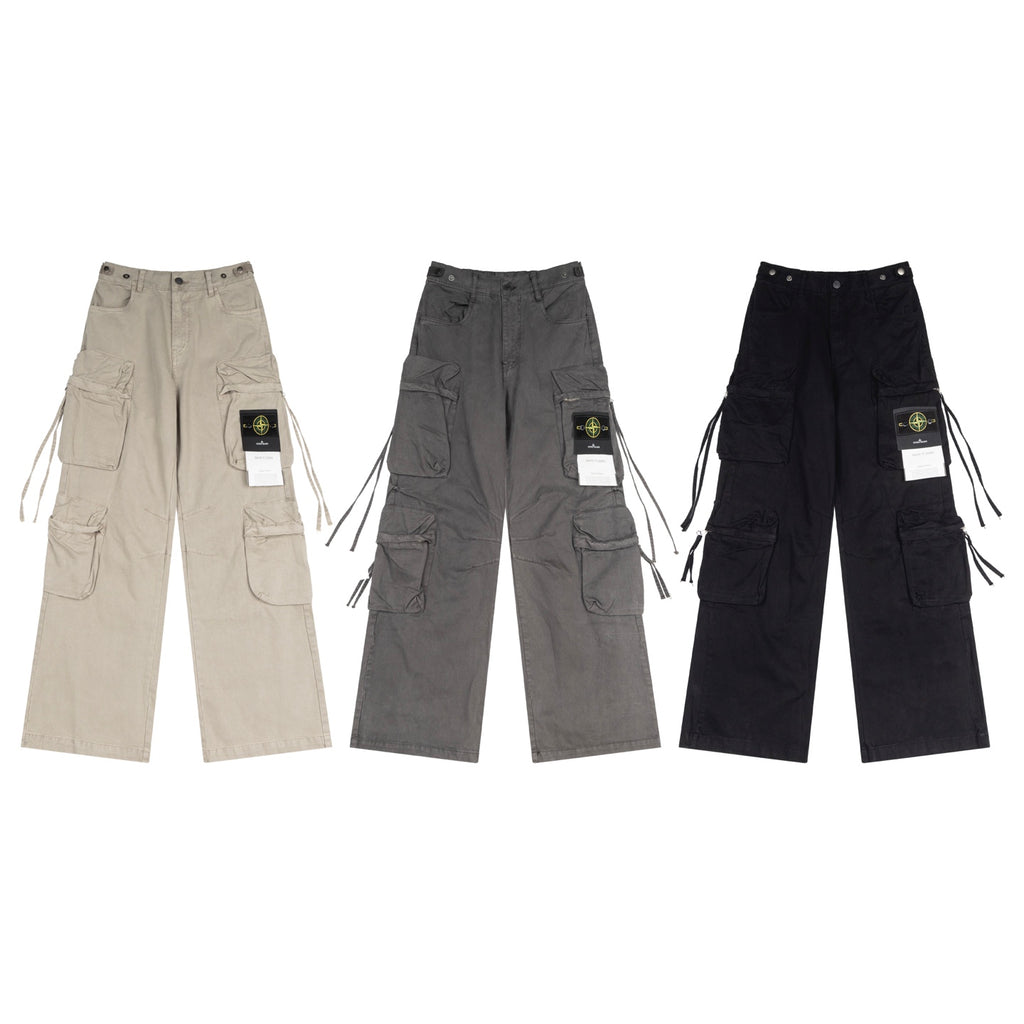 Stone Island cargo pants set in sand, charcoal, and black