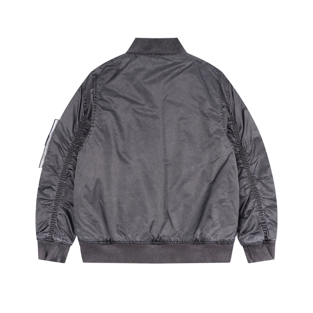 Dark gray bomber jacket, back view with ribbed stand collar and knit cuffs