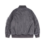 Dark gray bomber jacket, back view with ribbed stand collar and knit cuffs
