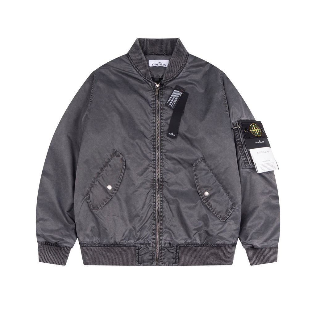 Stone Island dark gray bomber jacket with zip front and ribbed collar, cuffs